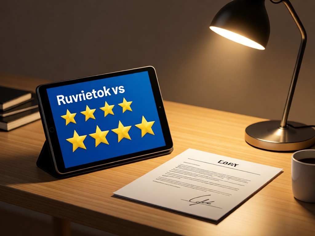 Tablet displaying five-star reviews next to a signed contract. Warm light from desk lamp. Clean composition. No people.