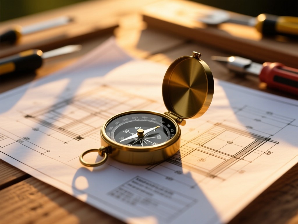A compass resting on architectural blueprints during golden hour, warm light casting long shadows, soft focus background of design tools, natural wood texture, no people.