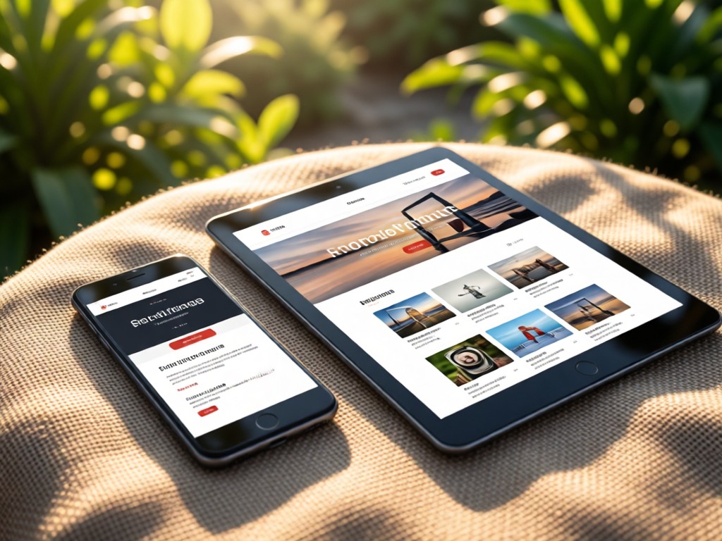 A smartphone and tablet showing responsive portfolio designs. Rested on a textured fabric with blurred greenery in background. Morning light. No people.
