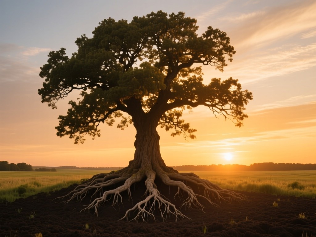 A single ancient oak tree at sunset, roots extending deep into fertile soil, symbolizing stability and growth in healthcare, golden hour glow, expansive sky.
