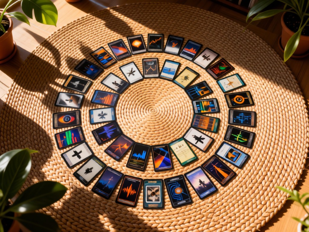 Aerial view of trading cards arranged in circular pattern on a woven rug. Soft shadows from nearby plants. Natural morning light. No people.
