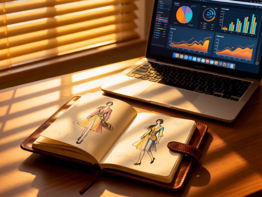An open leather notebook with fashion sketches beside a MacBook showing analytics. Golden hour light through blinds creates striped shadows. Sophisticated workspace vibe. No people.