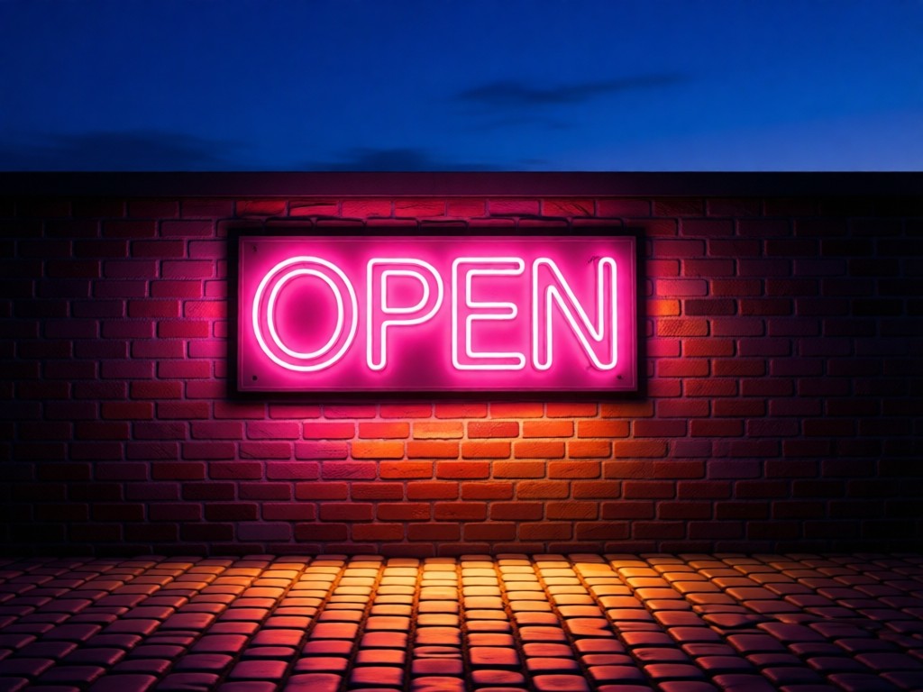 A single vintage pink neon 'OPEN' sign glowing against a sunset-washed brick wall. Deep indigo twilight sky creates striking contrast. Warm light spills onto cobblestones below. No people.