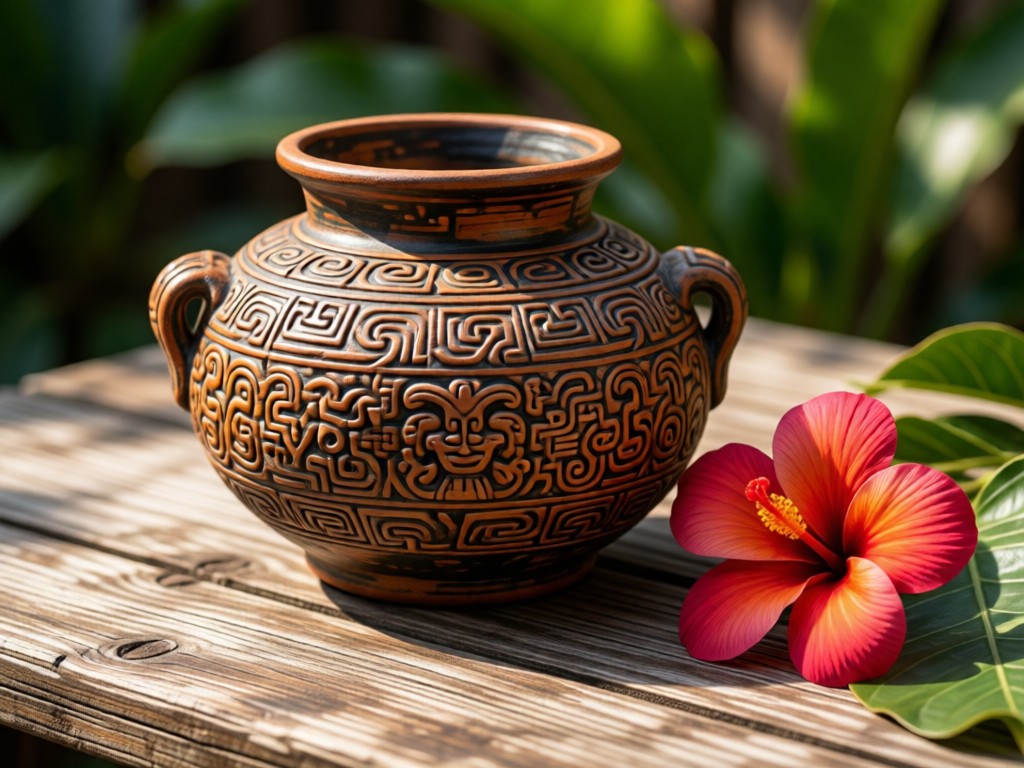 Close-up of handmade Mayan pottery with intricate patterns, placed beside tropical flowers on a weathered wooden table. Morning light highlights textures and earthy colors. No people.