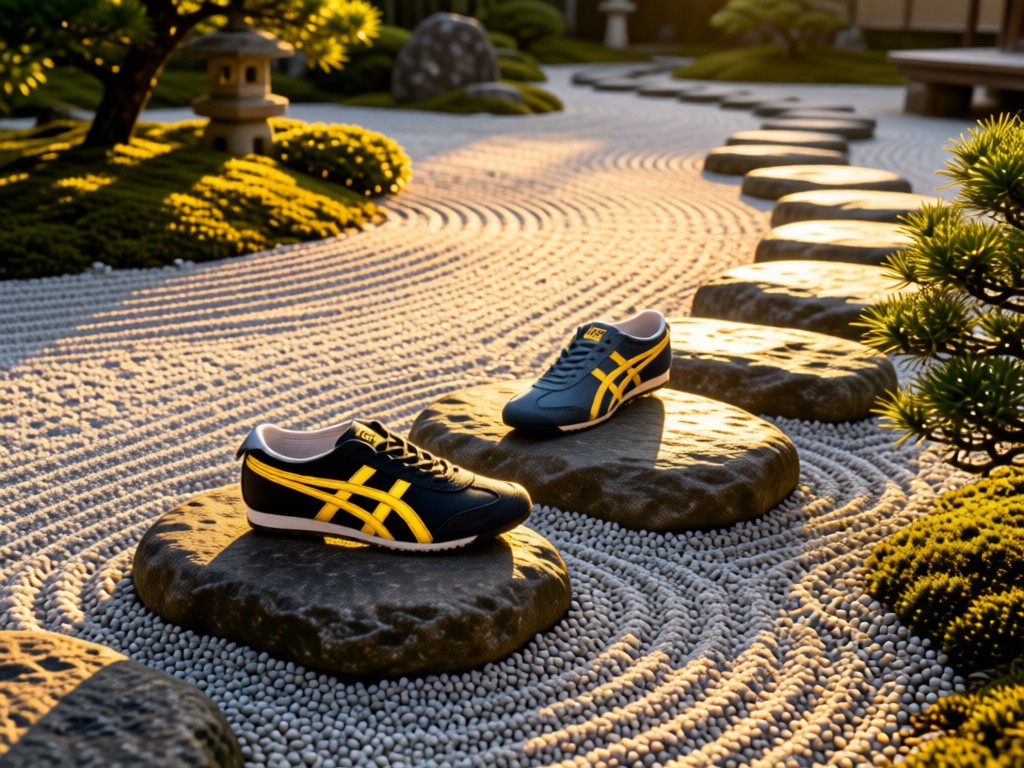 Aerial shot of Onitsuka Tiger shoes on stepping stones in Zen garden. Golden light highlights iconic stripes. Represents focus and journey, no people.