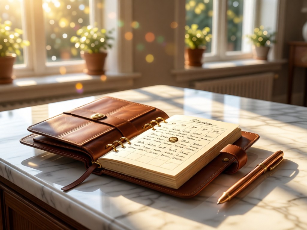 A leather-bound planner open on a marble countertop, showing elegant handwritten dates. A copper pen rests beside it, catching afternoon sun through nearby windows. Soft bokeh effect in background. No people.