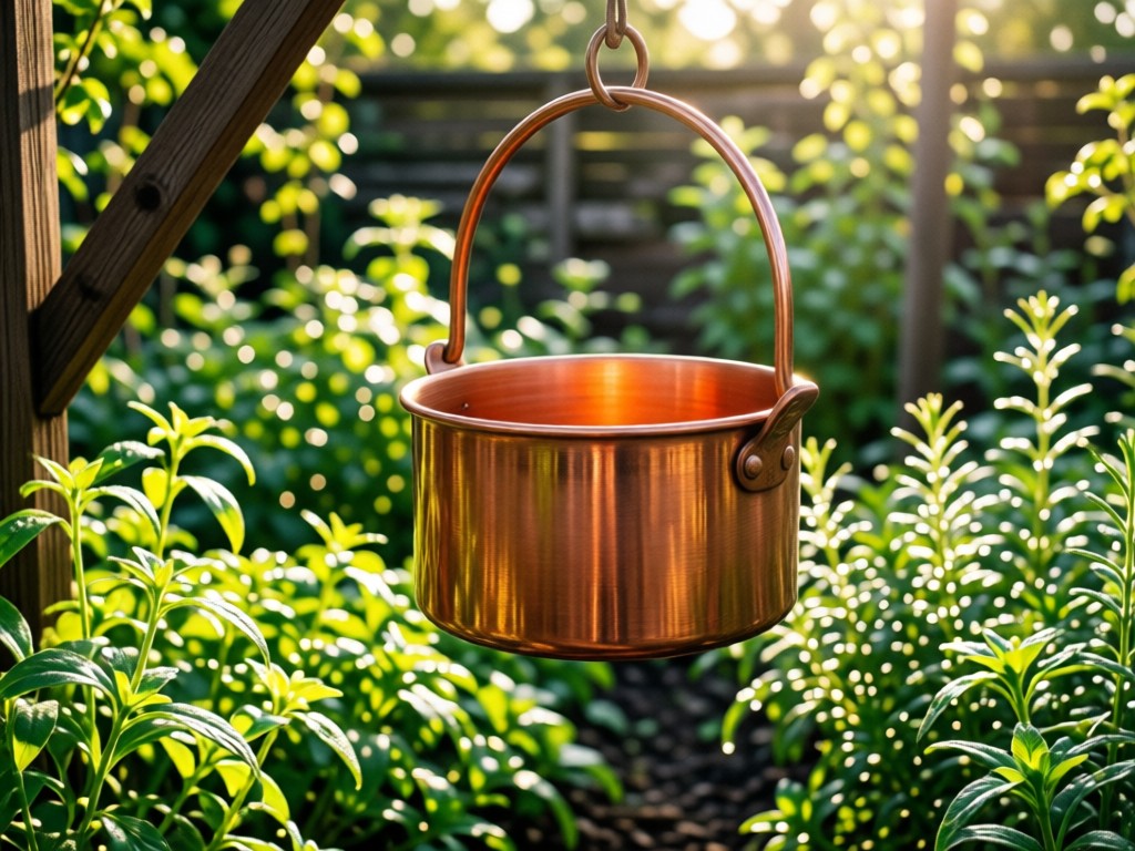 A single copper pot hanging in a sunlit kitchen garden. Dew glistens on herbs in the background. Symbolizes focus on essential tools in their perfect environment.
