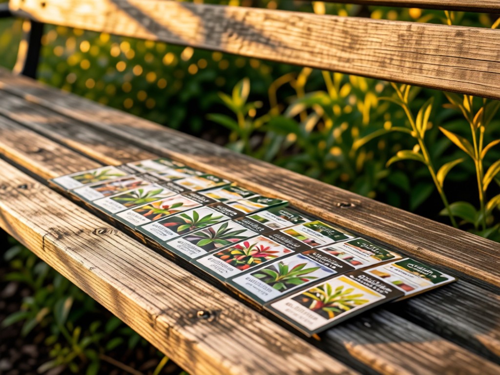 A curated display of Proven Winners plant tags arranged neatly on a weathered garden bench. Soft focus on background foliage. Golden hour lighting highlights textures. No people.