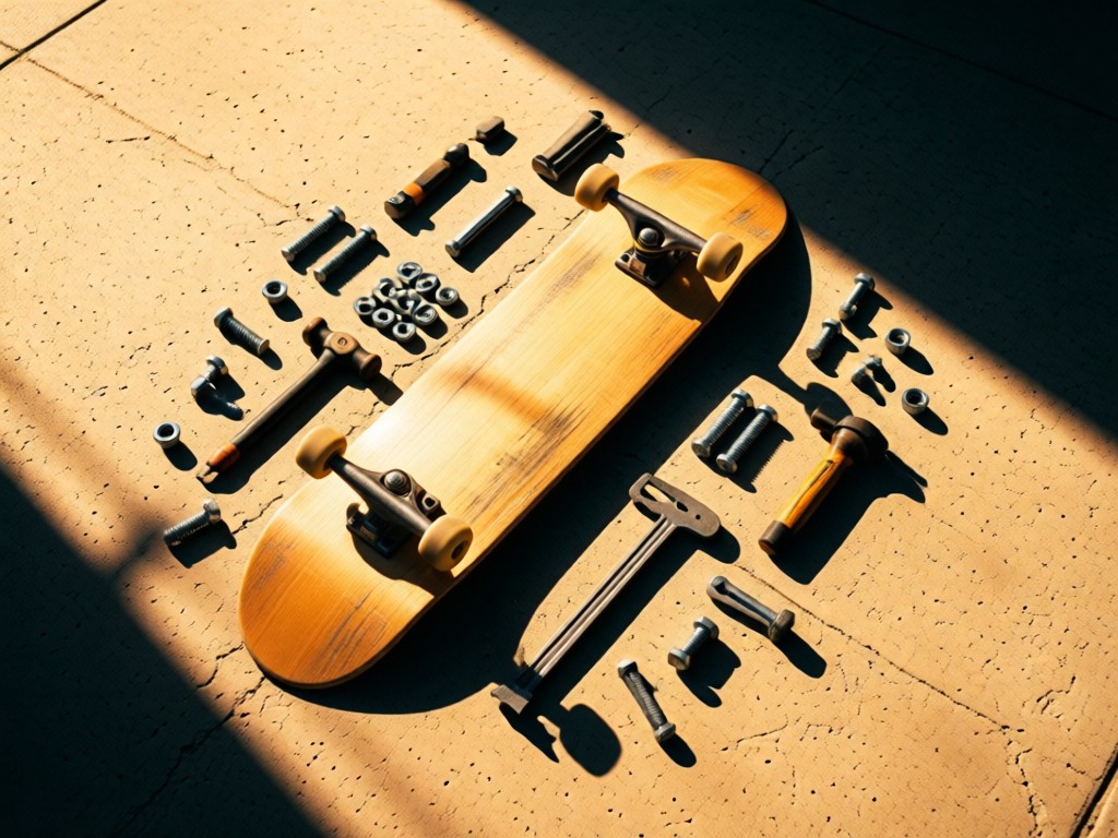 Aerial view of a skateboard deck surrounded by scattered hardware (bolts, tools) on sunlit concrete. The composition symbolizes having all essentials in one place. Warm tones, deep shadows. No people.