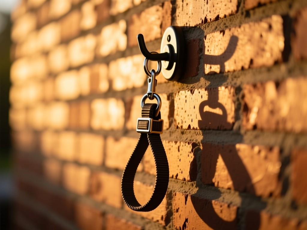 A single sturdy leash hanging on a hook against a sunlit brick wall during golden hour, symbolizing reliability and connection, warm shadows, natural textures, no people or animals.