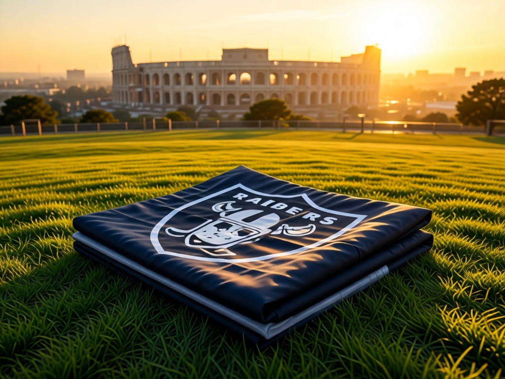 An aerial shot of a perfectly folded Raiders flag on a grassy tailgate spot. The Coliseum arches visible in the distant golden-hour haze. Symbolizes unity and pride. No people.