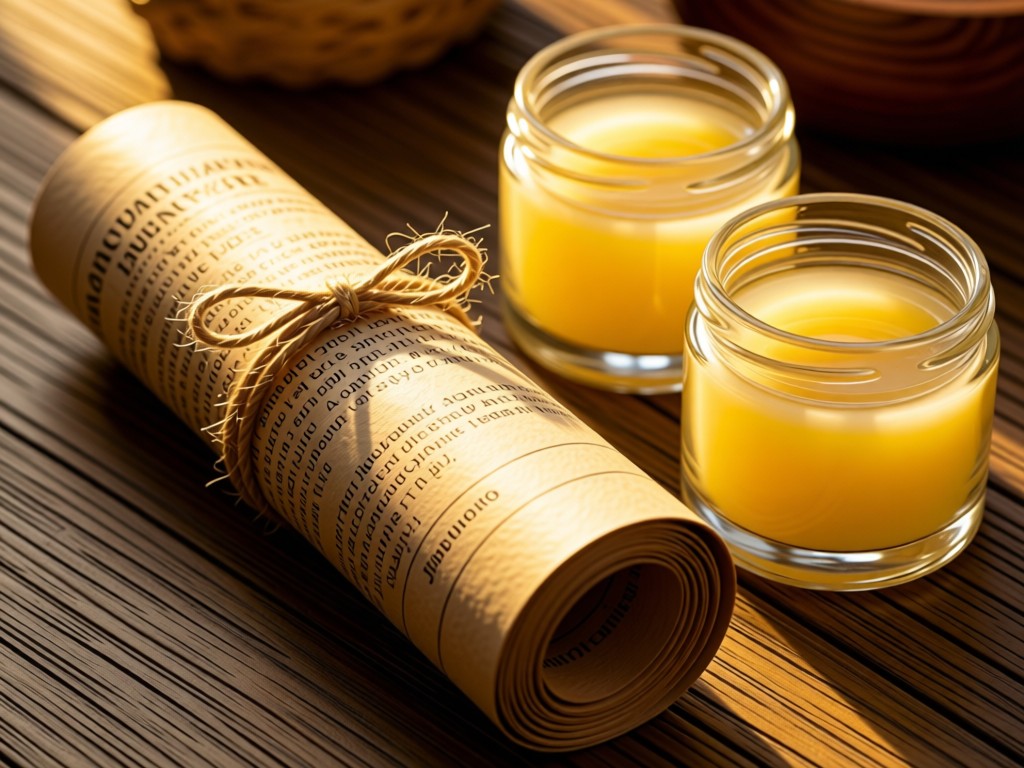 Neatly rolled aftercare instructions tied with twine beside healing balm jars. Golden light highlights texture differences between paper and glass. No people.