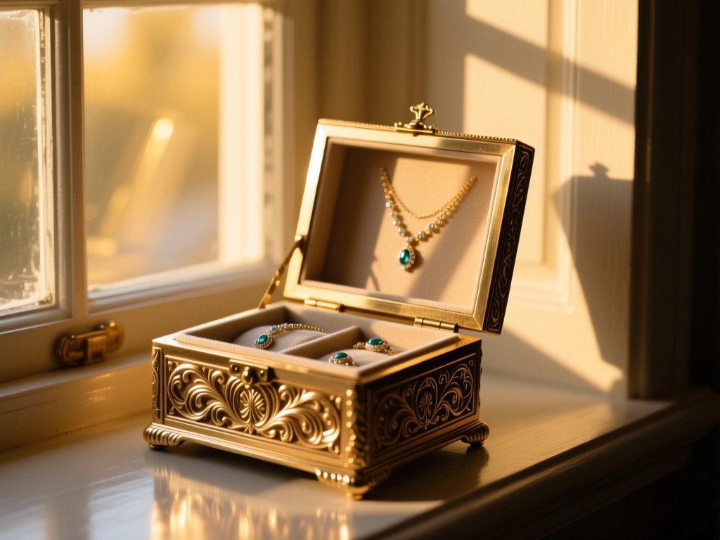 Heirloom jewelry box slightly ajar on a windowsill at golden hour, sunlight catching intricate carvings, soft shadows, warm metallic reflections, no human presence.