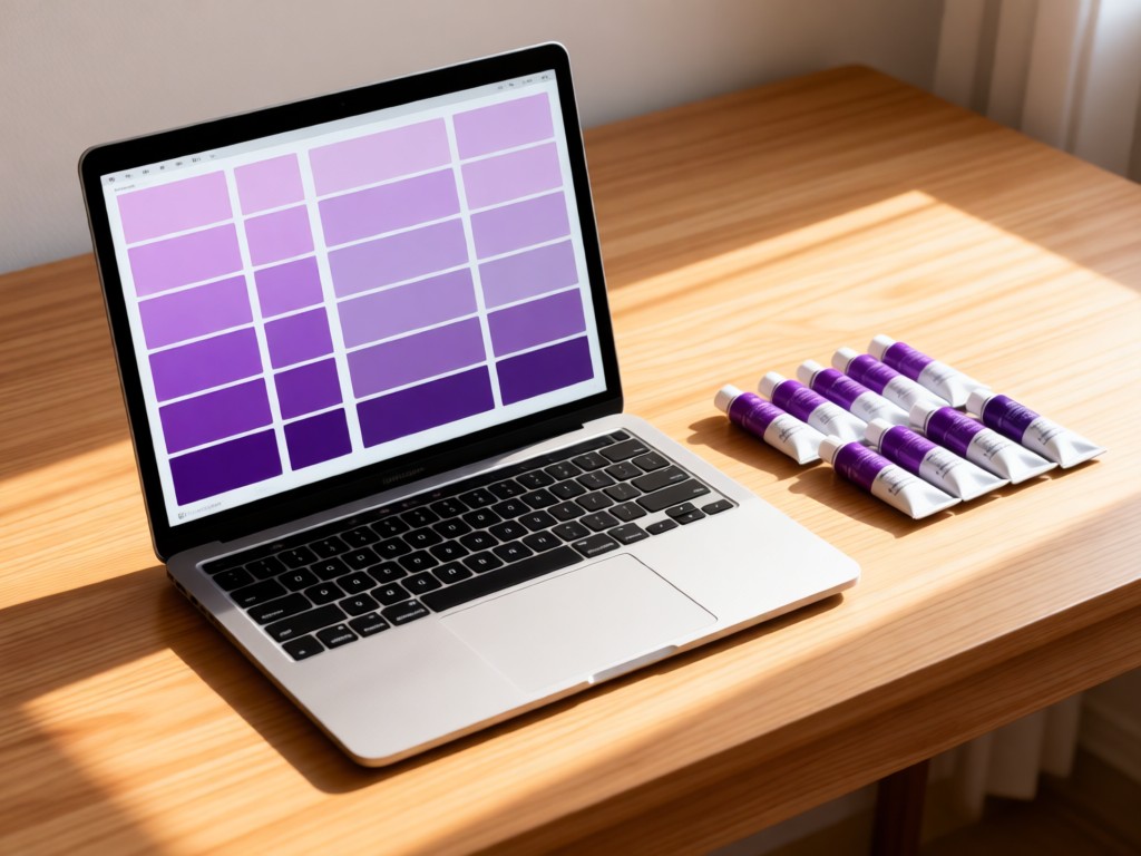 A minimalist desk with open laptop displaying heliotrope gradient swatches. Beside it, heliotrope paint tubes arranged neatly on a sunlit wooden surface. Focus on color harmony and simplicity. No people.