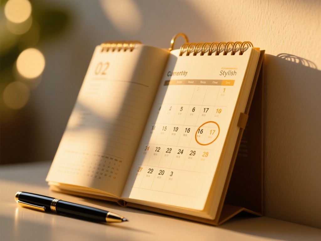 A stylish wall calendar open to current month. Golden hour light illuminates circled dates while a pen rests nearby. Soft bokeh background. No people.