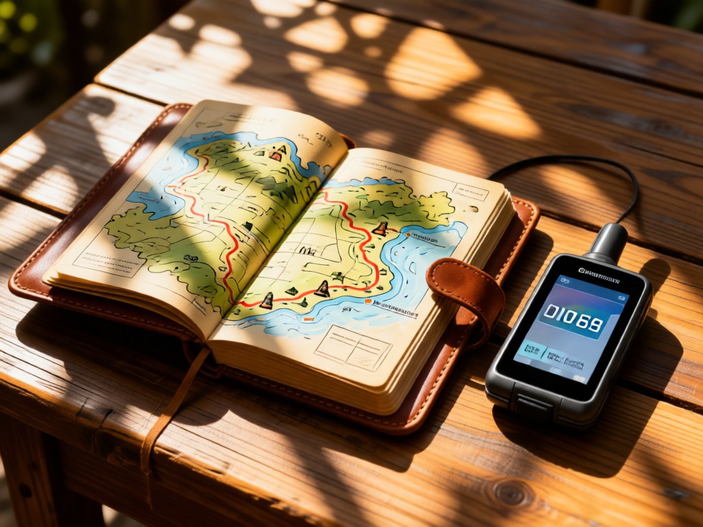 A leather-bound journal open to a hand-drawn trail map beside a GPS device. Dappled sunlight falls on a rustic wooden table. Focus on adventure tools blending tradition and technology. No people.