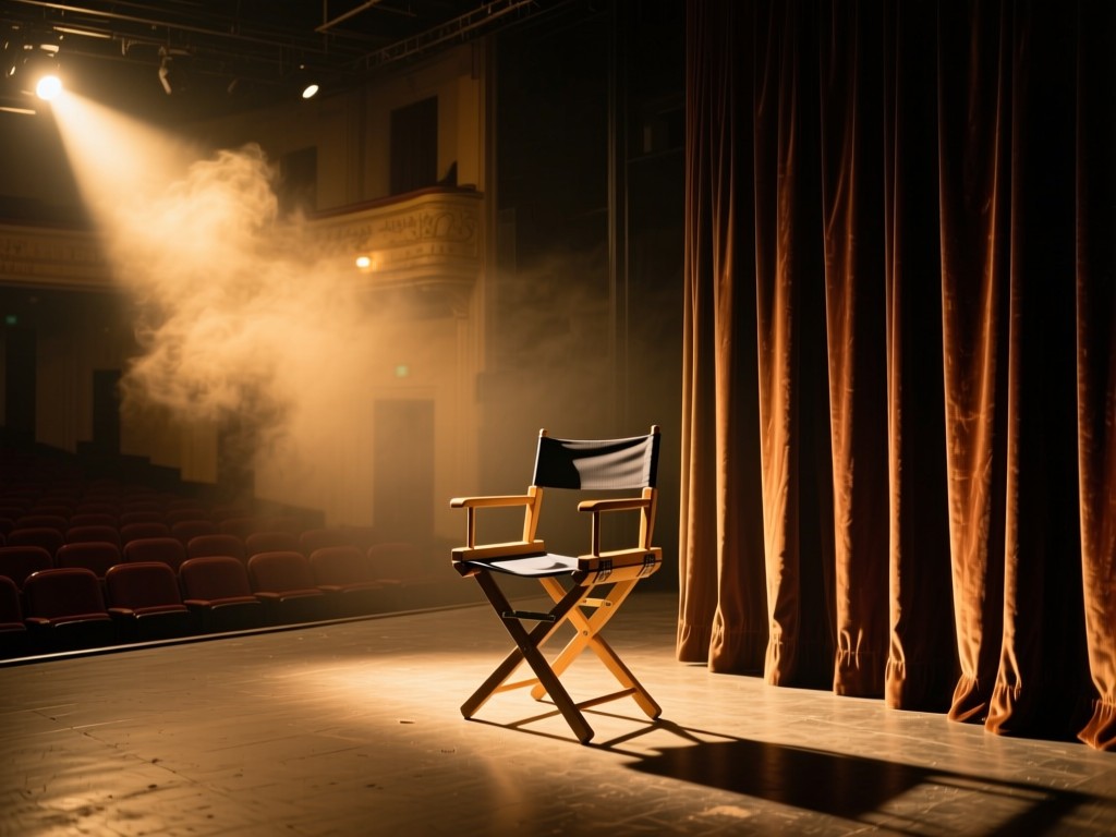 A backstage spotlight cutting through golden-hour dust in an empty theater, illuminating a single director's chair, dramatic shadows, rich velvet curtains, no human presence.
