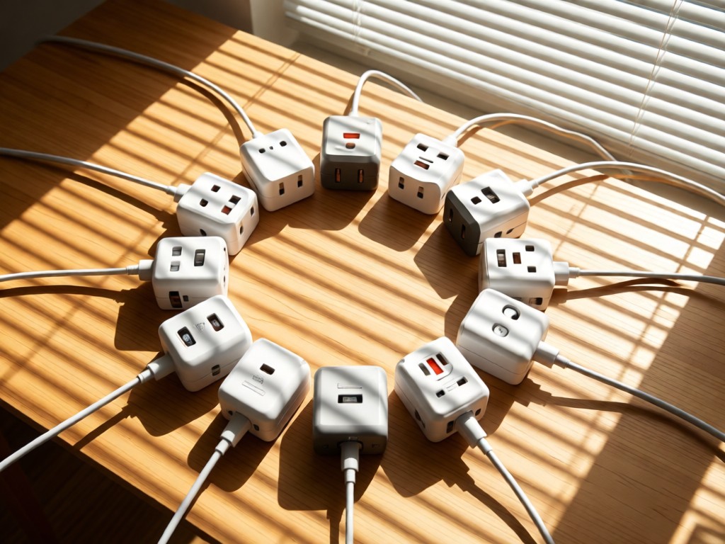 Overhead view of international power adapters arranged in a circle on a maple wood desk. Morning light streams through window blinds, casting clean line shadows across the composition. No people.