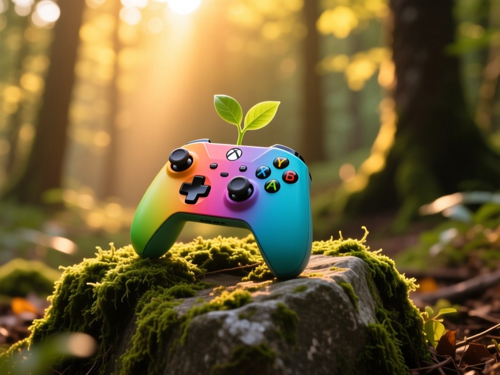 A single vibrant game controller on a mossy stone in sunlit forest during golden hour, symbolizing growth and engagement, warm glow, natural colors, no people.