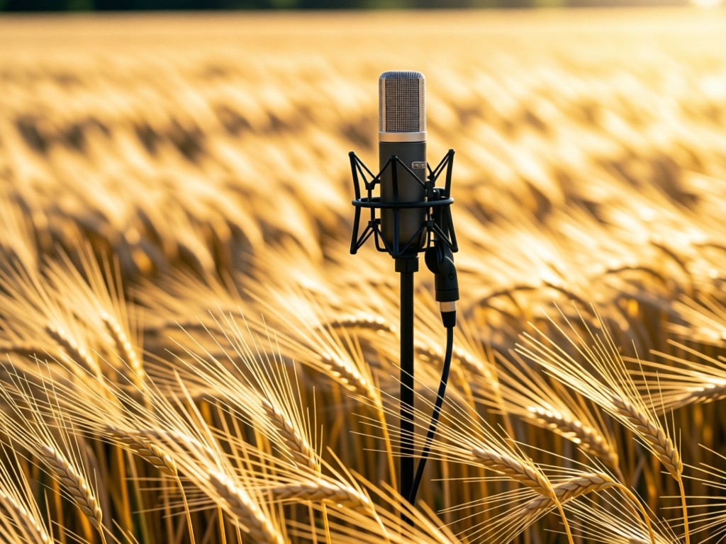 A single studio microphone standing tall in a sunlit field of golden wheat. Shallow focus highlights the mic while grain sways softly in the breeze. Symbolizes clarity and reach. No people.