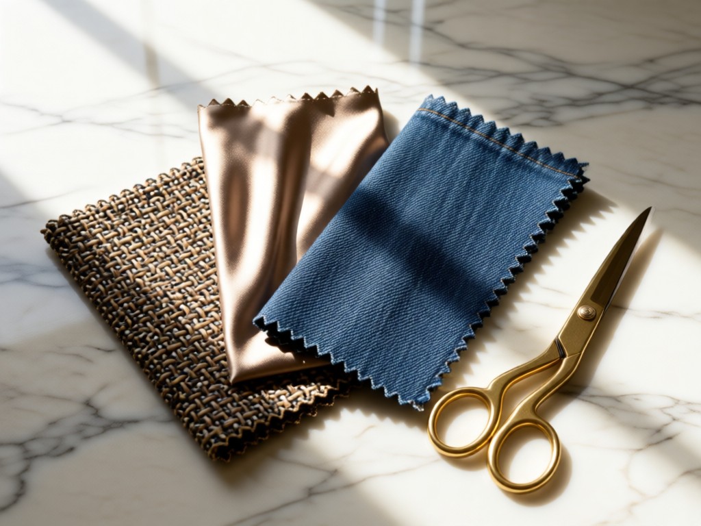 Flat lay of three textured fabric swatches (tweed, silk, denim) beside brass sewing scissors. Soft window light creates depth. Neutral marble surface. Focus on materiality. No people.