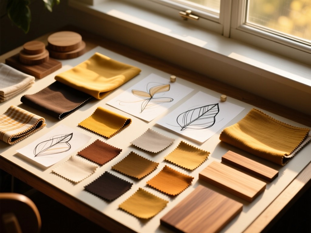 Overhead view of a designer mood board with fabric swatches, sketches and wood samples. Golden hour lighting through nearby window. Cohesive color palette. No people.