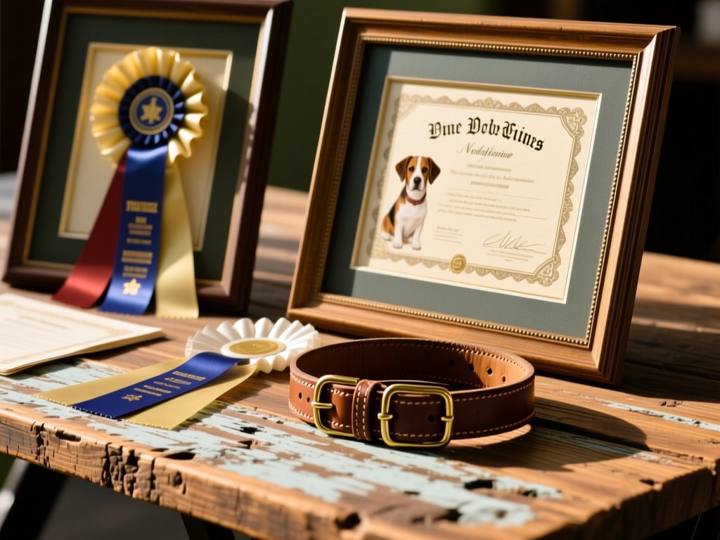 A close-up of framed dog show ribbons and pedigree certificates arranged on a reclaimed wood table. Soft sunlight highlights the textures. Vintage leather dog collar beside them. No people.