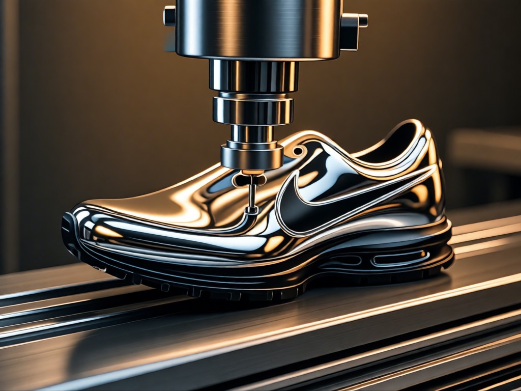 Macro shot of automated machinery assembling a Nike shoe sole. Reflective metal surfaces with warm ambient factory lighting. Focus on precision engineering. No people.