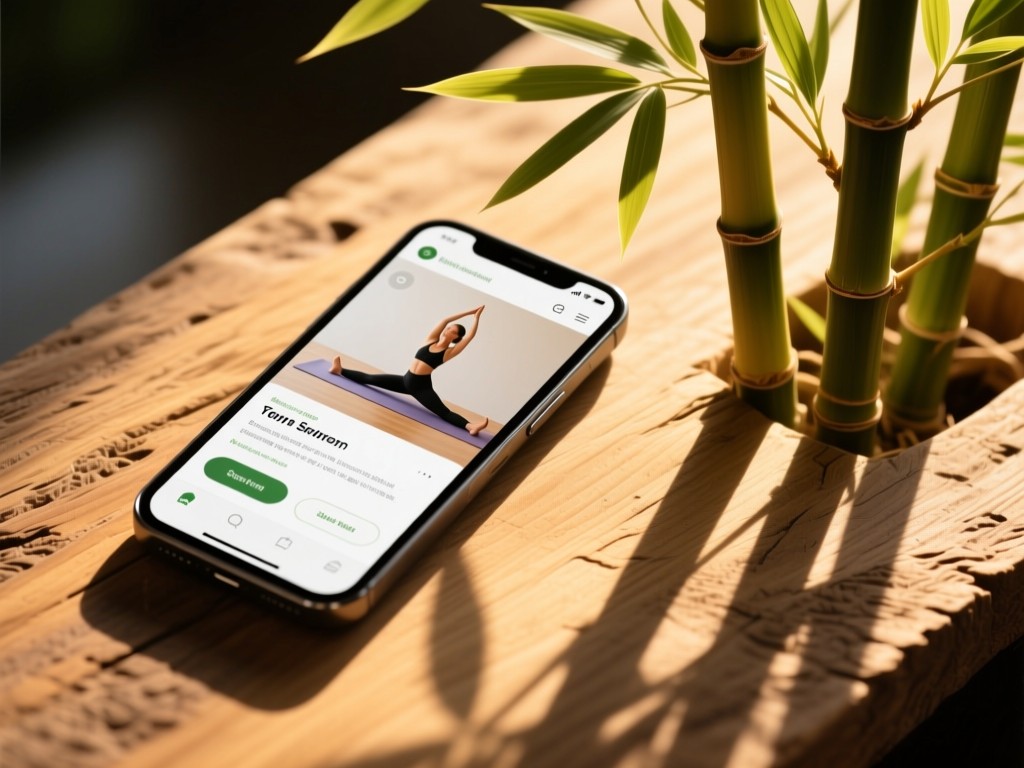 An angled view of a smartphone displaying a yoga website beside a bamboo plant. Golden hour light creates long shadows on a textured wooden surface. Clean and organic composition. No people.
