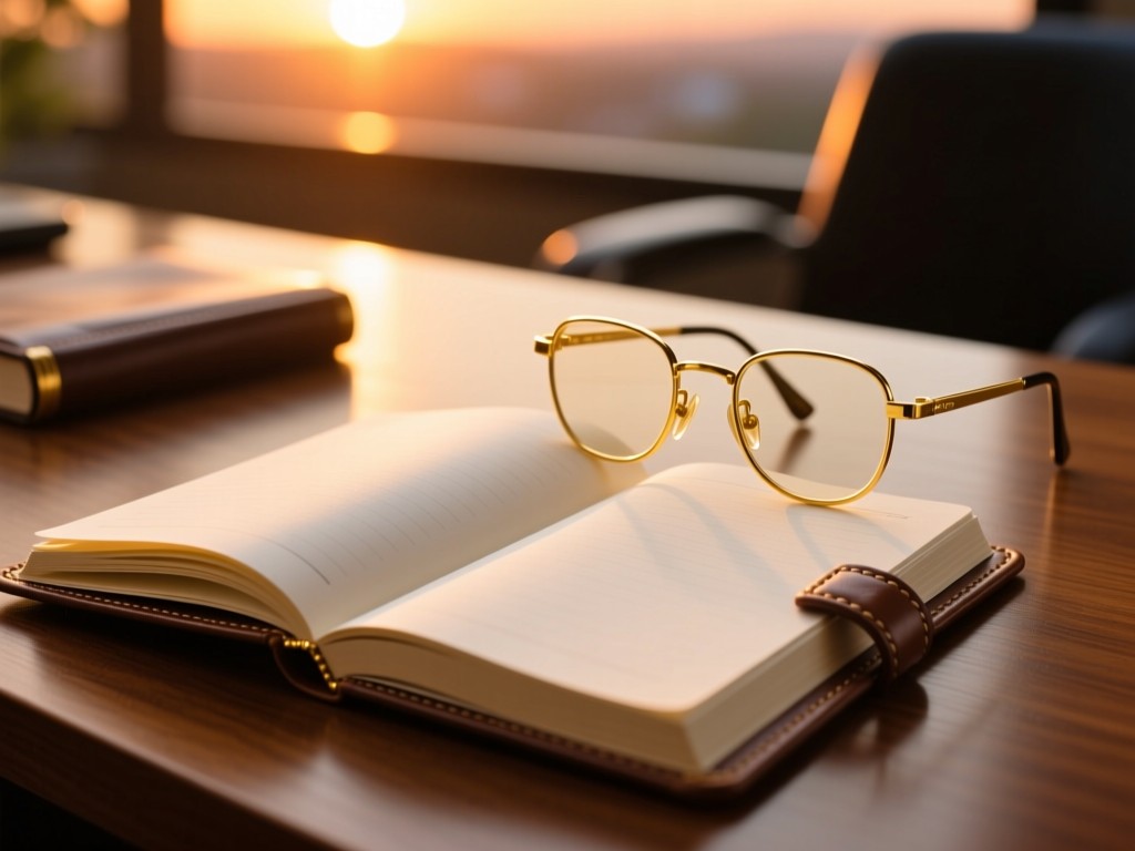 An open leather-bound notebook beside gold-rimmed glasses on a wooden desk, sunset light illuminating blank pages, shallow focus, warm tones conveying financial wisdom.