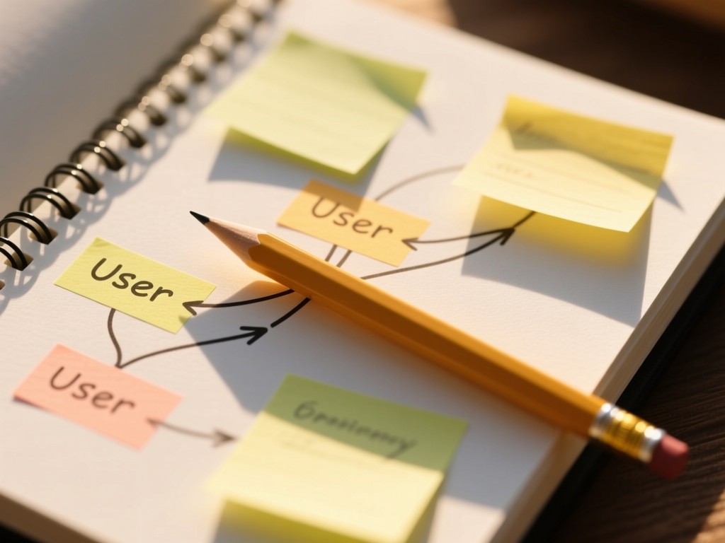 Close-up of a notebook with sticky notes mapping a user journey. A pencil rests diagonally across clean white paper. Golden hour light highlights the texture.