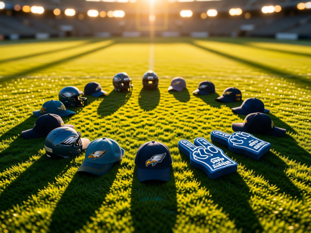 Aerial view of Eagles merchandise arranged in a circle on green grass: hat, mini helmet, foam finger. Golden hour light creates long shadows. Stadium lights blurred in distance. No people.