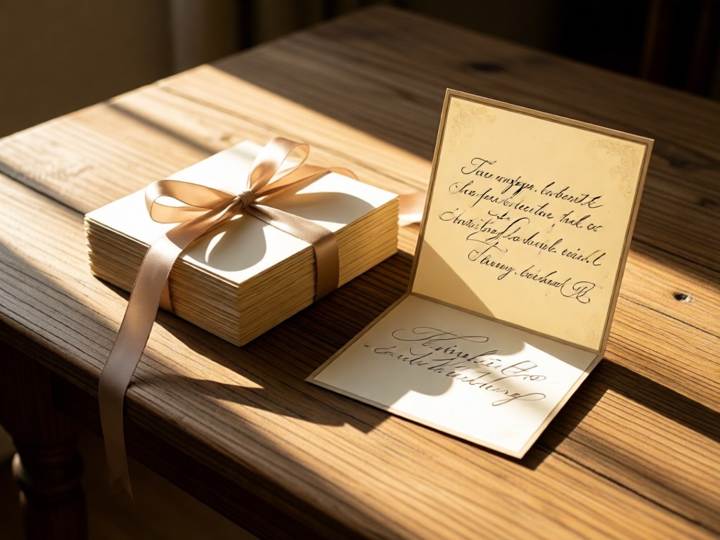 A stack of elegant thank-you cards tied with silk ribbon on a rustic wooden table. One card stands open showing handwritten text. Warm afternoon sun creates long shadows.