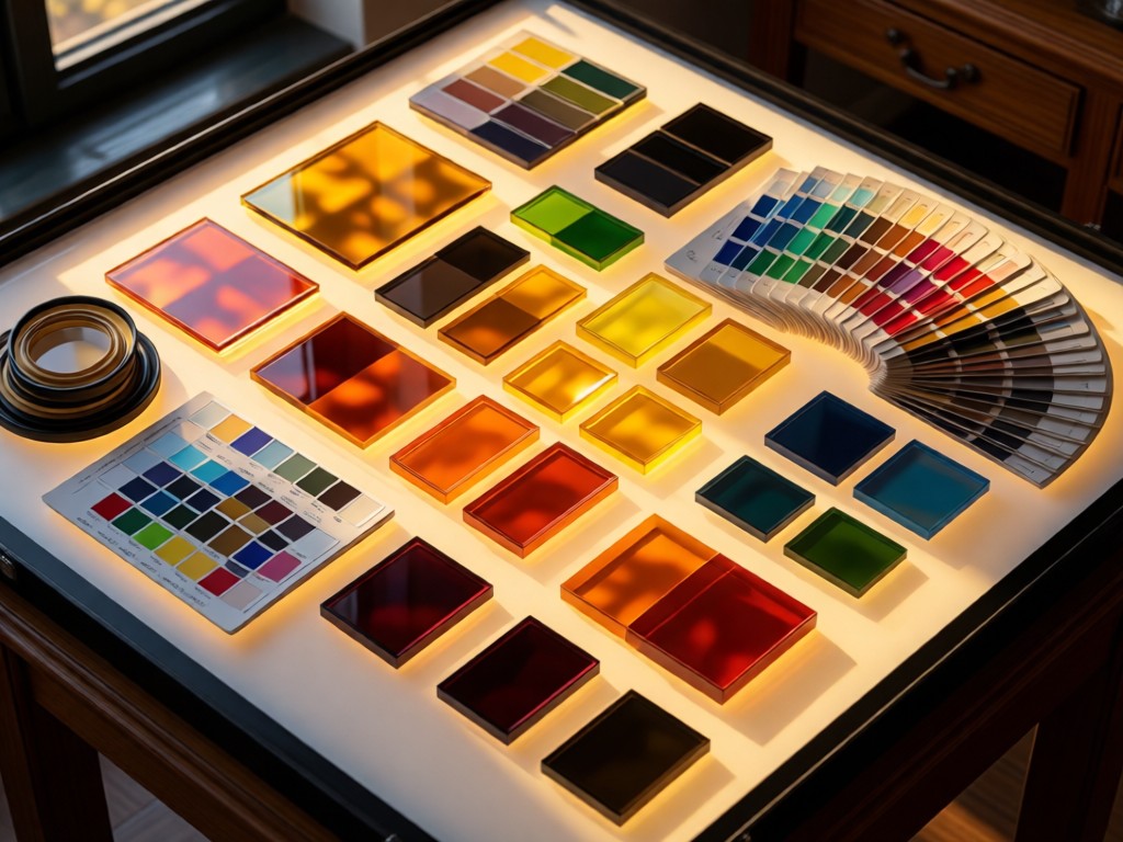 Aerial view of paint swatches and camera filters arranged on a lightbox. Golden hour illumination creates warm color reflections. No people.