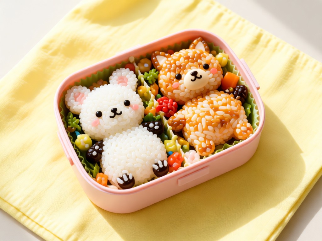 Aerial view of a kawaii bento box with rice shaped like animals. Placed on a pastel yellow cloth in soft daylight. Represents organized cuteness. No people.