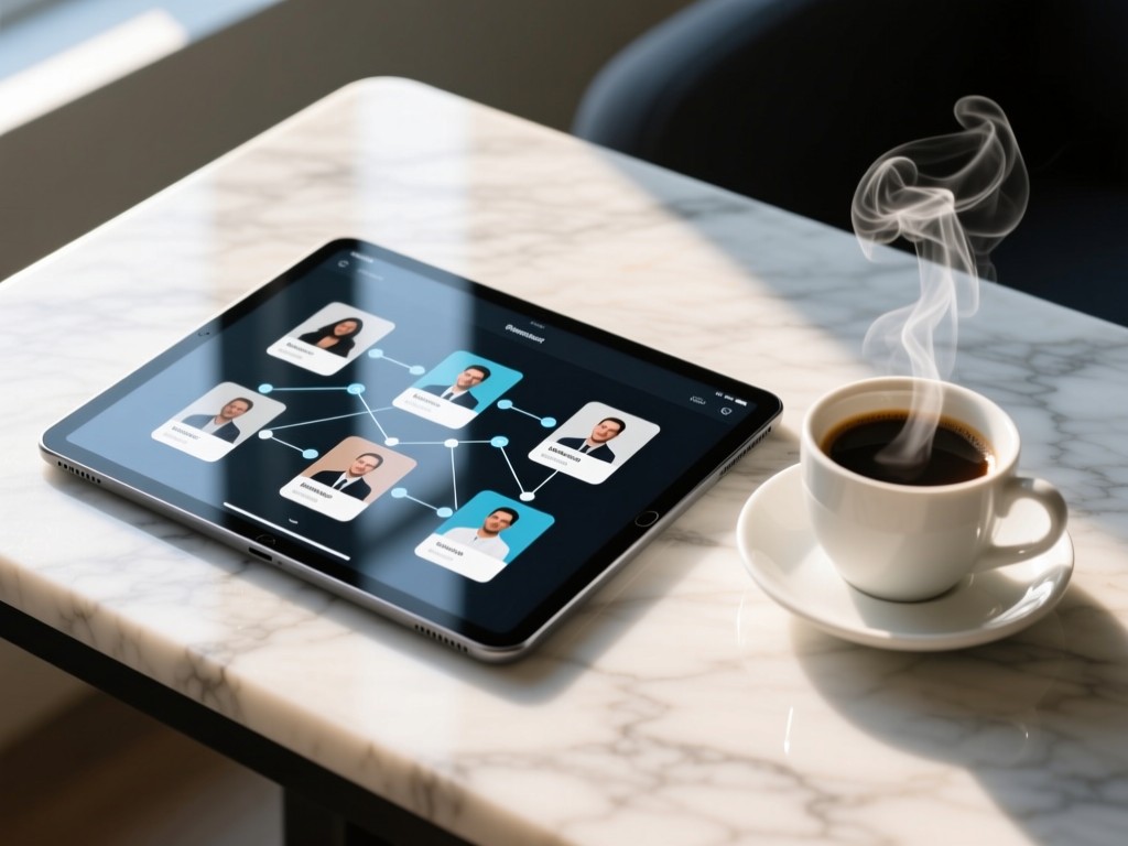 A sleek tablet displaying interconnected profile cards on a marble surface. Morning light creates soft reflections. A coffee cup sits nearby with steam rising. Clean, tech-savvy aesthetic. No people.