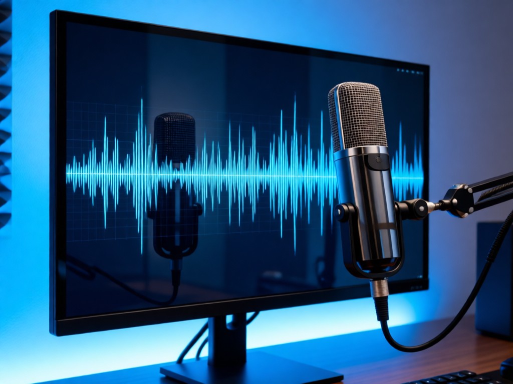 A sleek studio microphone reflected in a frameless monitor displaying waveform graphics. Diffused blue accent lighting, modern tech vibe. No people.