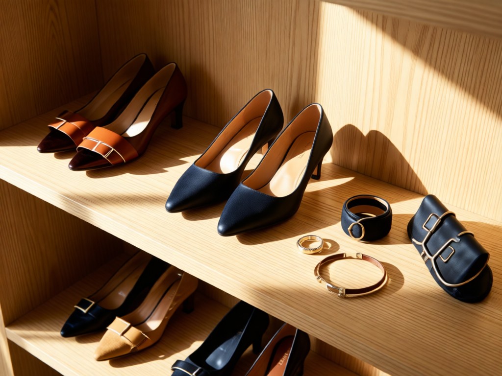 A curated arrangement of designer shoes and accessories on a light oak shelf. Morning sun creates crisp shadows while highlighting material textures. Clean, elevated composition. No people.