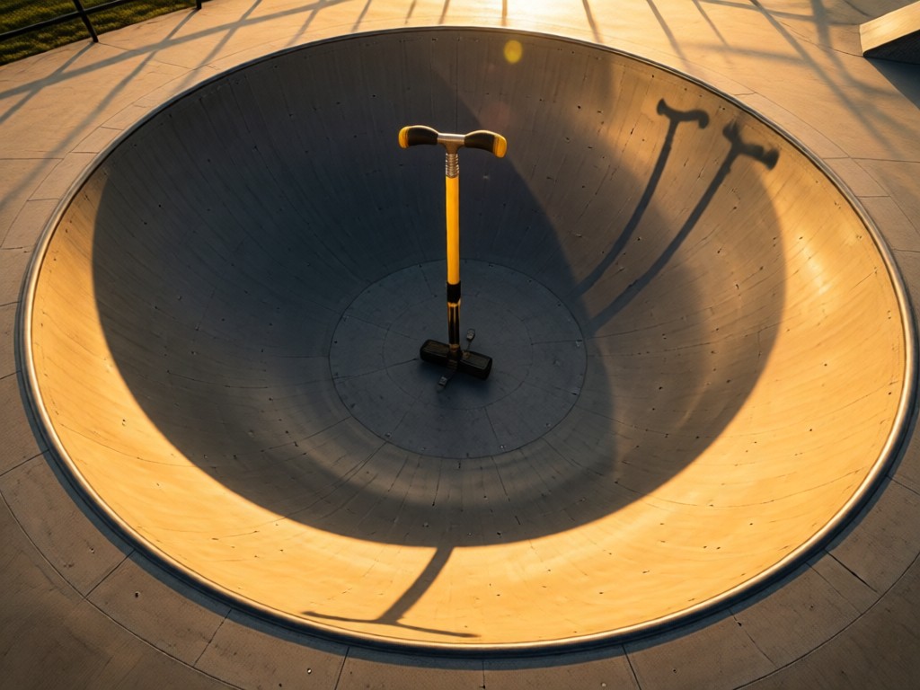 An aerial view of a single pogo stick standing upright in an empty concrete skate bowl. Golden hour light creates dramatic shadows. Symbolizes focus and having your essential tool ready. No people.