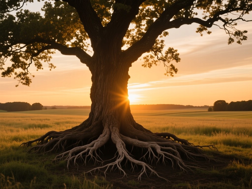 A sturdy oak tree in an open field at sunset, deep roots visible, symbolizing strong foundations and growth in advocacy, golden hour lighting, expansive sky.