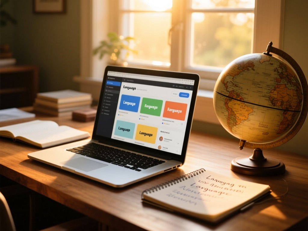 An open wooden desk during golden hour showing a laptop displaying organized language resources, notebook with language notes, vintage globe, soft sunlight through window, warm tones, shallow depth of field, no text visible.