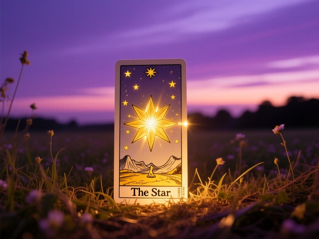 A single illuminated tarot card (The Star) standing upright in a field at dusk, radiating golden light against purple twilight, symbolizing guidance and visibility.