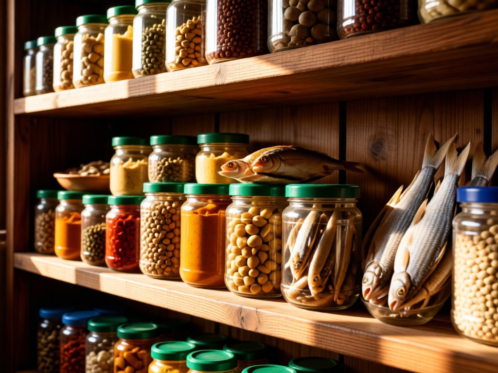 Neatly stacked jars of Nigerian spices and dried fish on rustic wooden shelves. Morning sun creates warm highlights and soft shadows. Focus on textures and organization. No people.