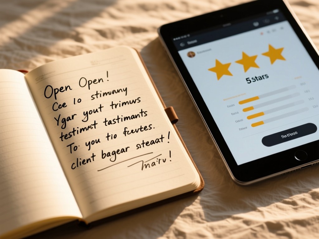 Open notebook with handwritten client testimonials next to a tablet showing 5-star ratings. Soft shadows on textured paper. Warm natural lighting. No people.