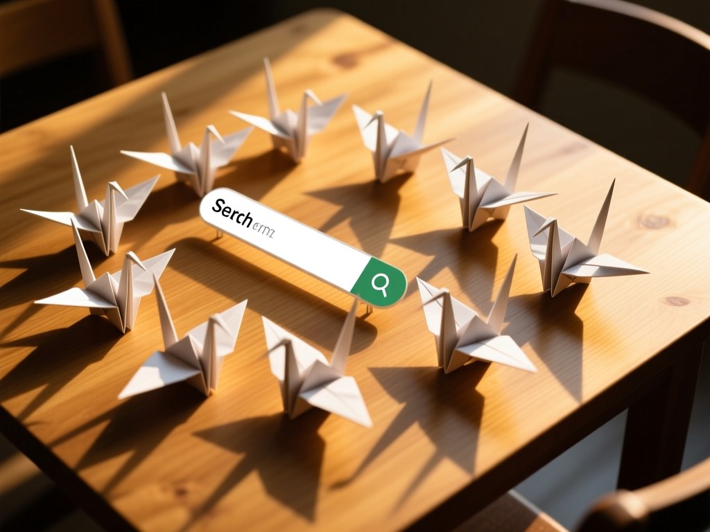 Aerial view of origami paper cranes arranged like search results on a wooden table. Golden hour light creates long shadows and highlights the intricate folds. No text or people.