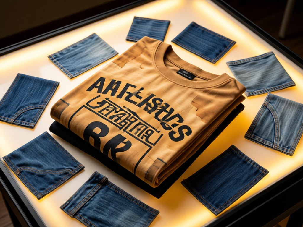 Aerial view of a perfectly folded vintage band tee surrounded by scattered denim patches on a lightbox table. Repurposed fashion theme with warm, focused lighting. No people.