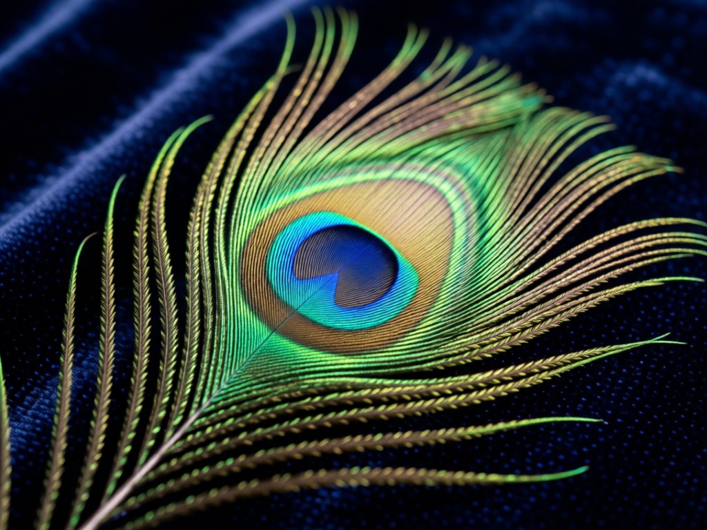 Close-up of a peacock feather fanned across dark velvet. Morning light highlights the eye pattern's blues and greens. Shallow depth of field. No people.