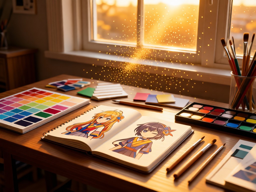 Design workspace with color swatches, sketchbook showing anime characters, and art tools. Golden hour light through window illuminates dust particles. No people.
