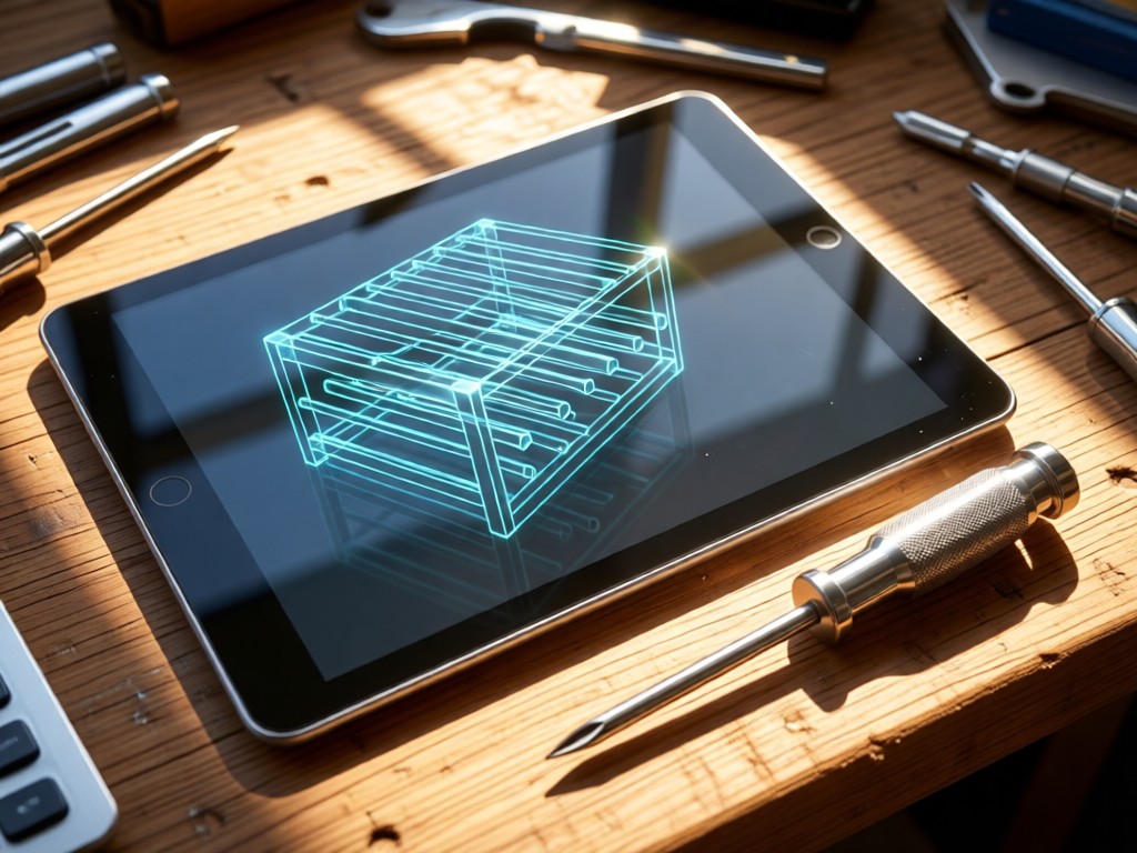 A tablet displaying a 3D rack diagram beside a precision screwdriver. Sunlight reflects off the metallic tools on a wooden workbench.