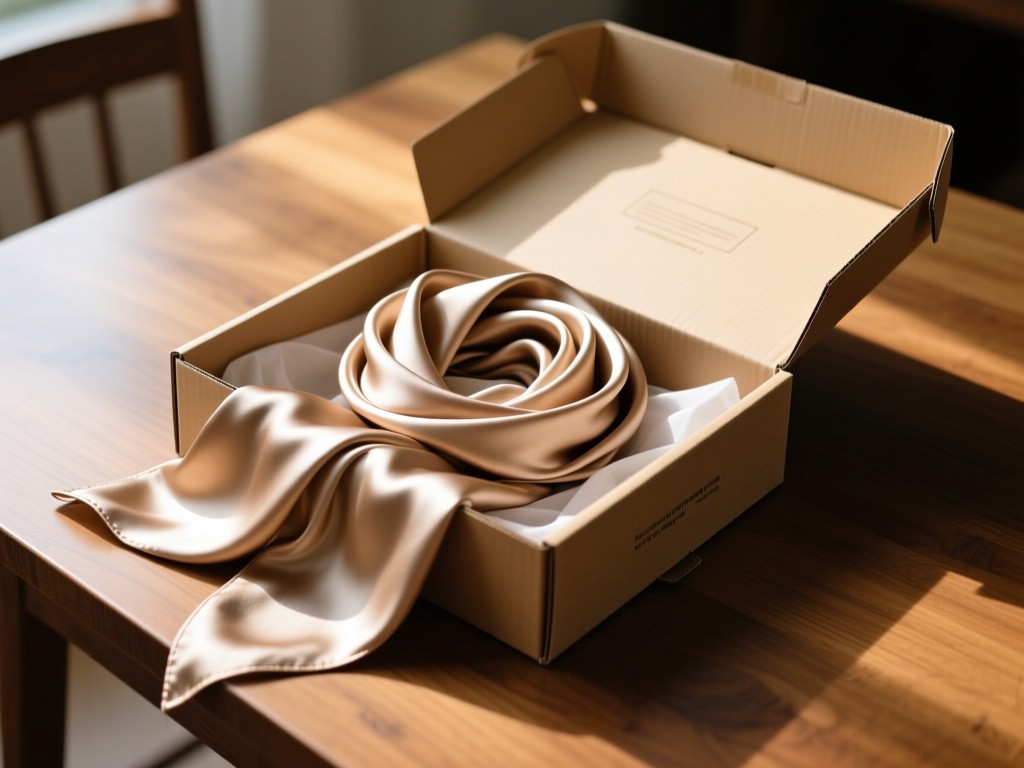 A neatly folded silk scarf spilling from an open shipping box on a wooden table. Natural light emphasizes the luxurious material. No people.